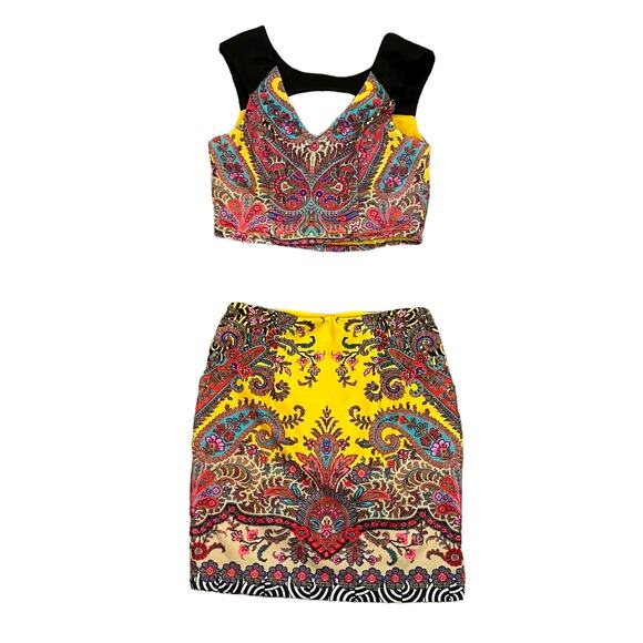 Bebe | Yellow Multi Color Floral Print Crop Tank Matching Skirt 2 Piece Set - Picture 3 of 11